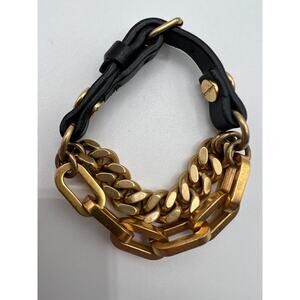 MARC JACOBS VTG Multi Strand Heavy Gold Tone Chain Black Leather Wrap Bracelet